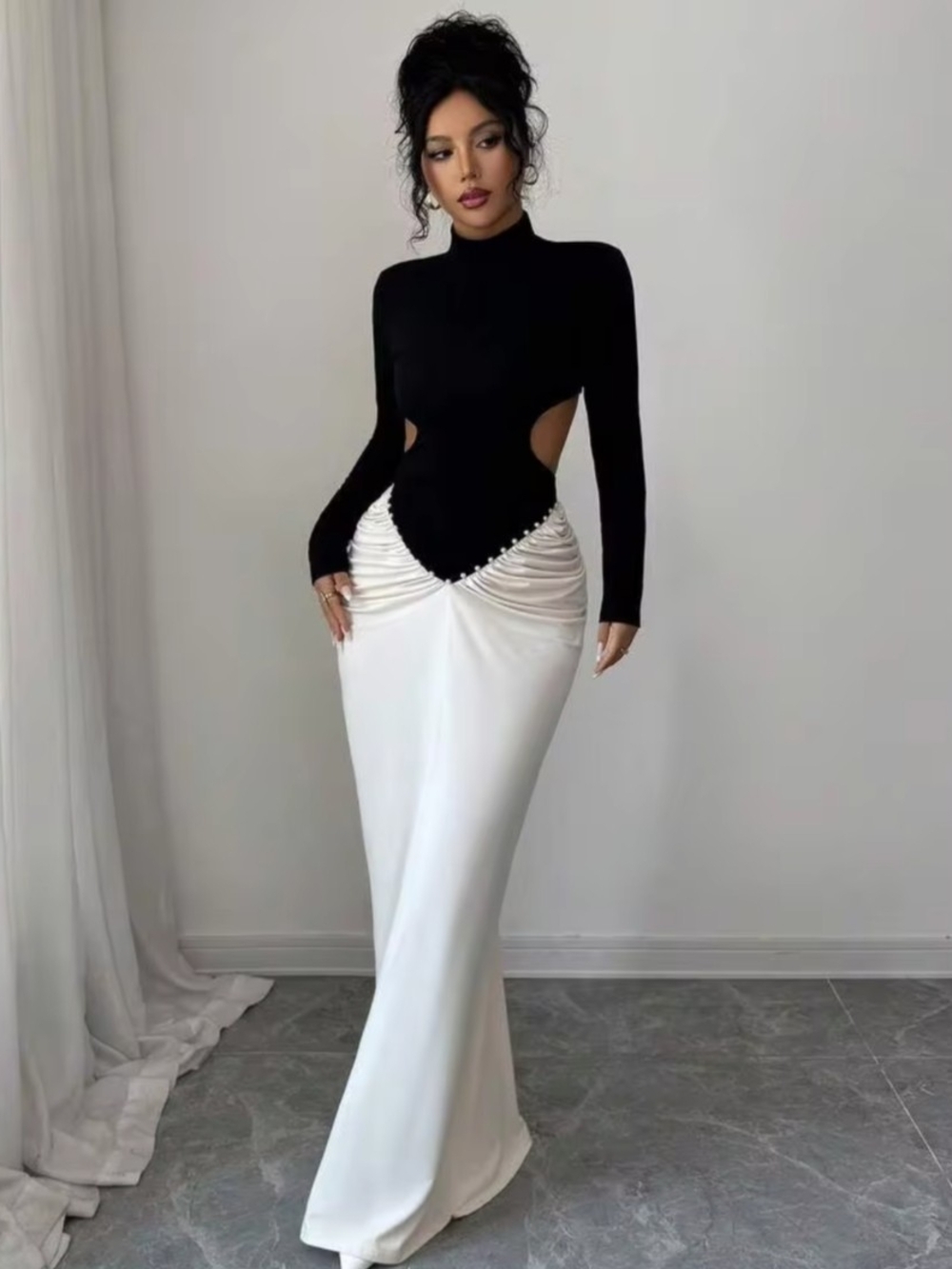 Shein Elenzya Long Sleeve Cutout Evening Gown Size S Beaded Waist Mock Neck